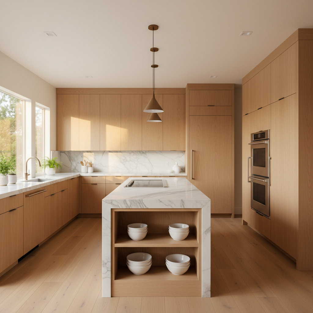 Upscale kitchen interior with integrated refrigerator and wall oven