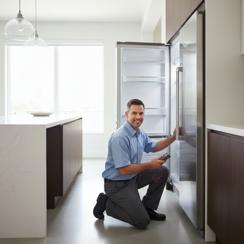 Professional appliance repair technician inspecting a built-in refrigerator